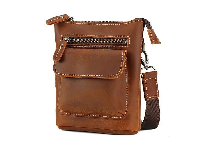 Cool Dark Brown Leather Mens Belt Pouch Mini Shoulder Bags Waist Bags For Men