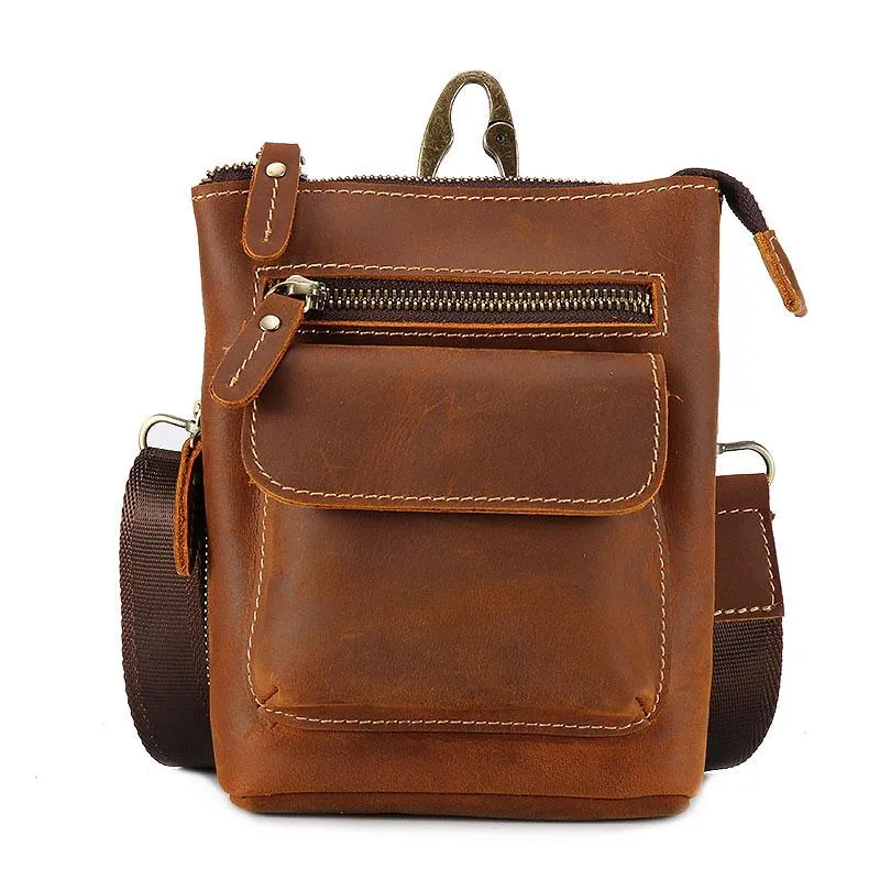 Cool Dark Brown Leather Mens Belt Pouch Mini Shoulder Bags Waist Bags For Men