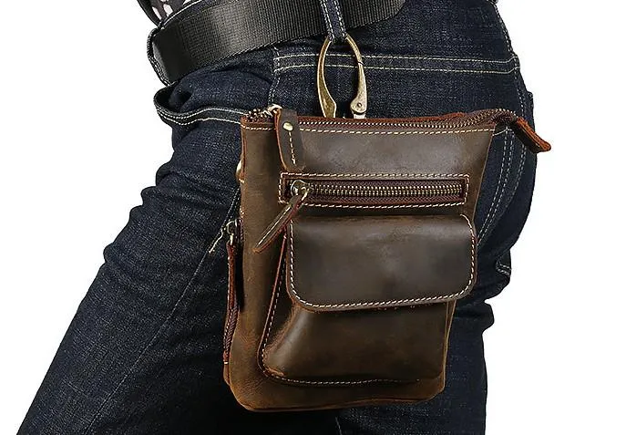 Cool Dark Brown Leather Mens Belt Pouch Mini Shoulder Bags Waist Bags For Men