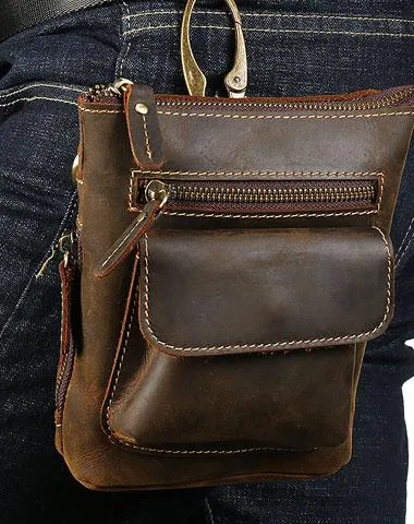Cool Dark Brown Leather Mens Belt Pouch Mini Shoulder Bags Waist Bags For Men