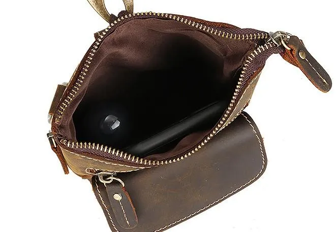 Cool Dark Brown Leather Mens Belt Pouch Mini Shoulder Bags Waist Bags For Men