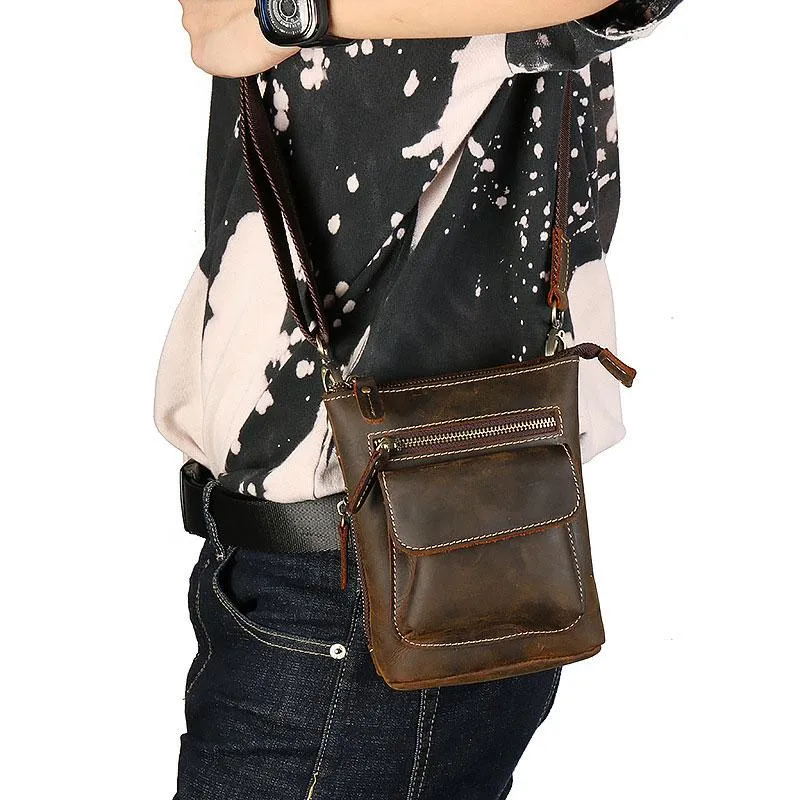 Cool Dark Brown Leather Mens Belt Pouch Mini Shoulder Bags Waist Bags For Men