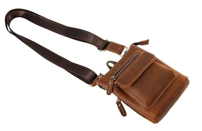 Cool Dark Brown Leather Mens Belt Pouch Mini Shoulder Bags Waist Bags For Men