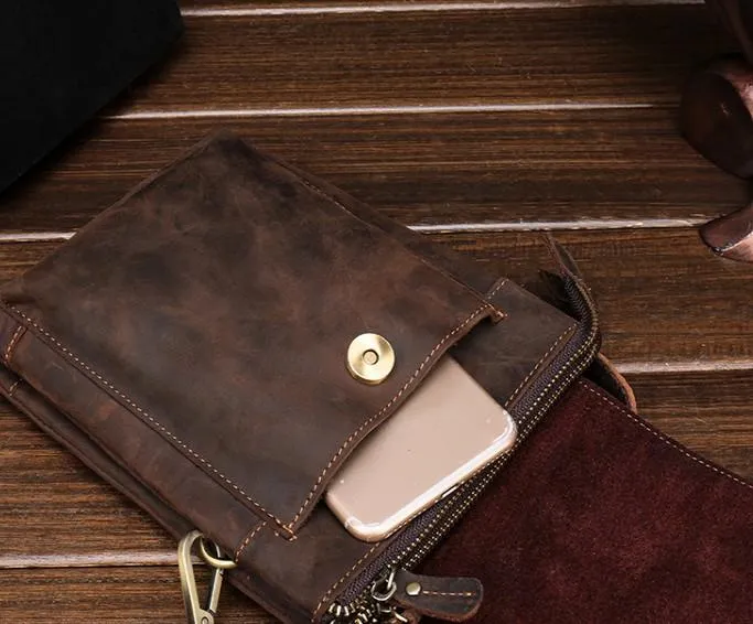 Cool Dark Brown Leather Mens Belt Pouch Small Side Bag Waist Belt Bag For Men