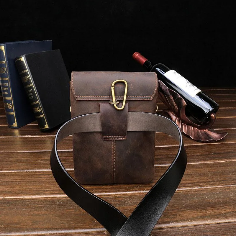 Cool Dark Brown Leather Mens Belt Pouch Small Side Bag Waist Belt Bag For Men