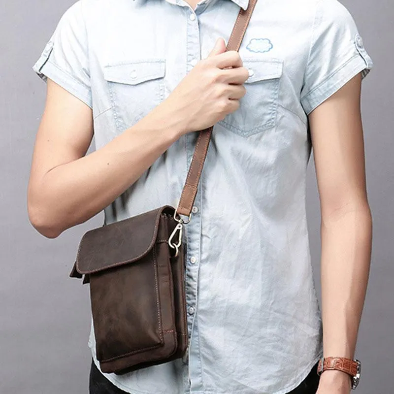 Cool Dark Brown Leather Mens Belt Pouch Small Side Bag Waist Belt Bag For Men
