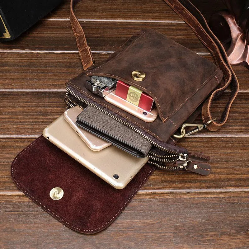 Cool Dark Brown Leather Mens Belt Pouch Small Side Bag Waist Belt Bag For Men