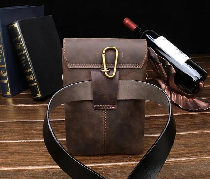 Cool Dark Brown Leather Mens Belt Pouch Small Side Bag Waist Belt Bag For Men
