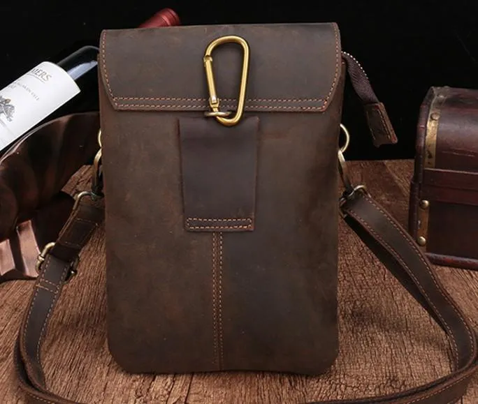 Cool Dark Brown Leather Mens Belt Pouch Small Side Bag Waist Belt Bag For Men