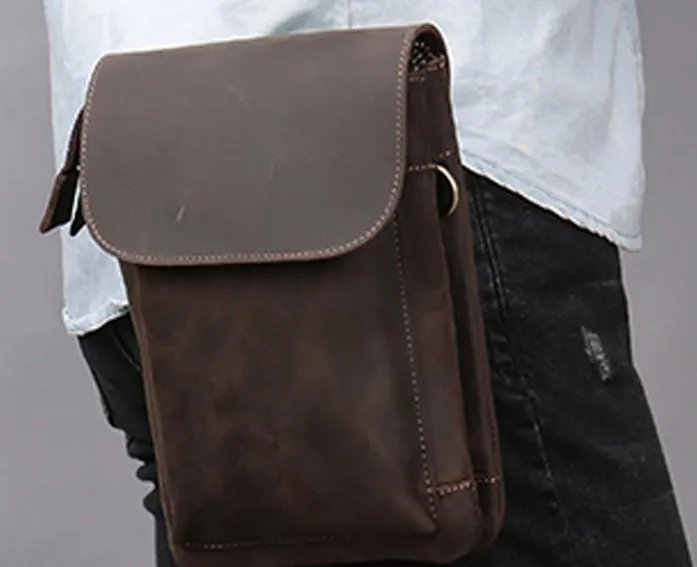 Cool Dark Brown Leather Mens Belt Pouch Small Side Bag Waist Belt Bag For Men