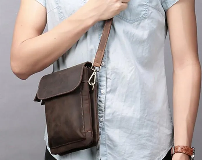 Cool Dark Brown Leather Mens Belt Pouch Small Side Bag Waist Belt Bag For Men
