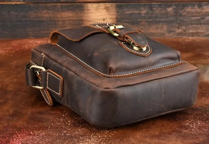 Cool Dark Brown Leather Mens Small Messenger Bags Cool Side Bag Tablet Messenger Bag for men