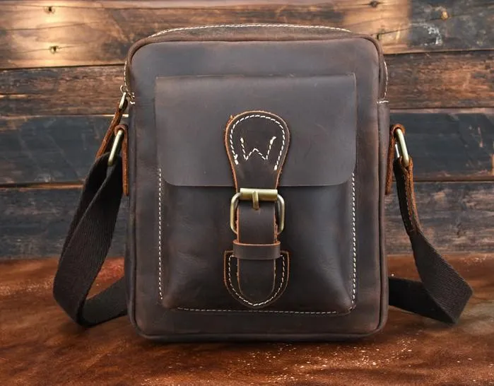 Cool Dark Brown Leather Mens Small Messenger Bags Cool Side Bag Tablet Messenger Bag for men