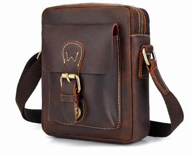 Cool Dark Brown Leather Mens Small Messenger Bags Cool Side Bag Tablet Messenger Bag for men
