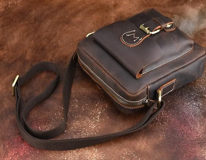 Cool Dark Brown Leather Mens Small Messenger Bags Cool Side Bag Tablet Messenger Bag for men