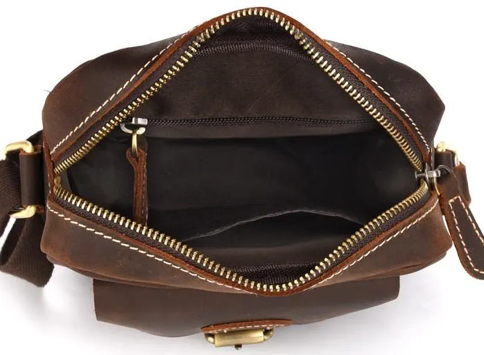 Cool Dark Brown Leather Mens Small Messenger Bags Cool Side Bag Tablet Messenger Bag for men