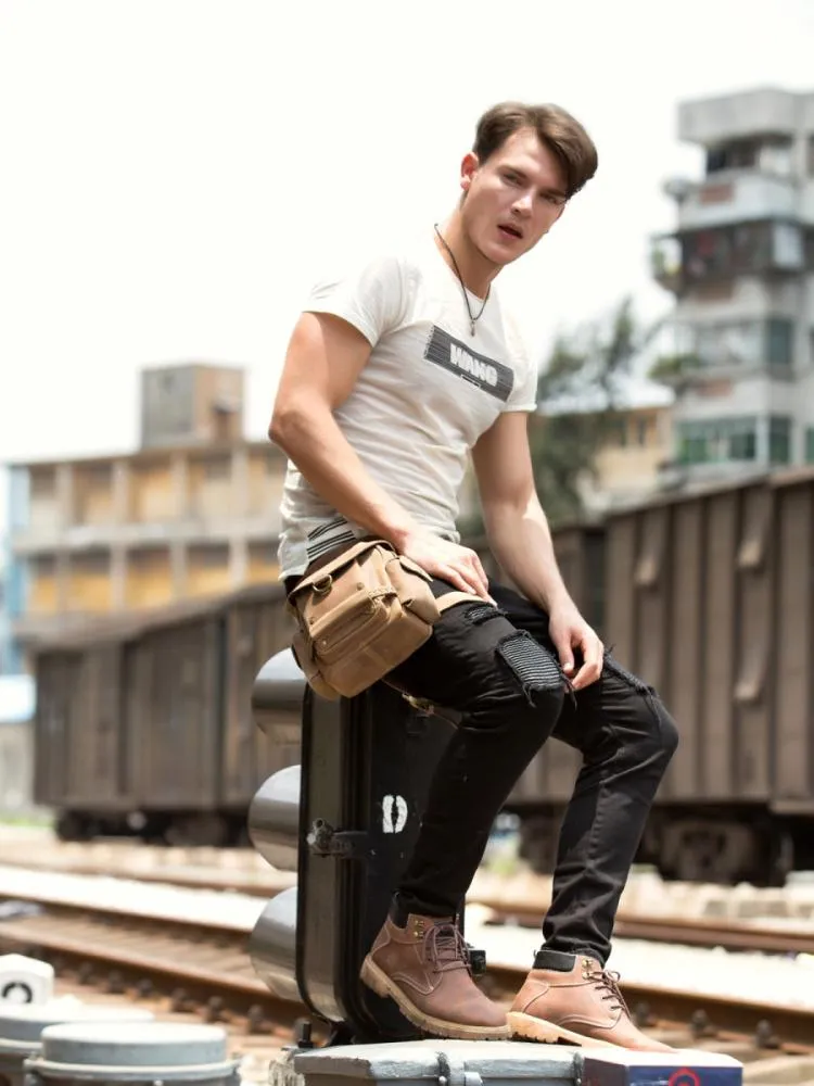 Cool Leather Belt Pouch Mens Waist Bag Camel Drop Leg Tools Bag BUMBAG for Men