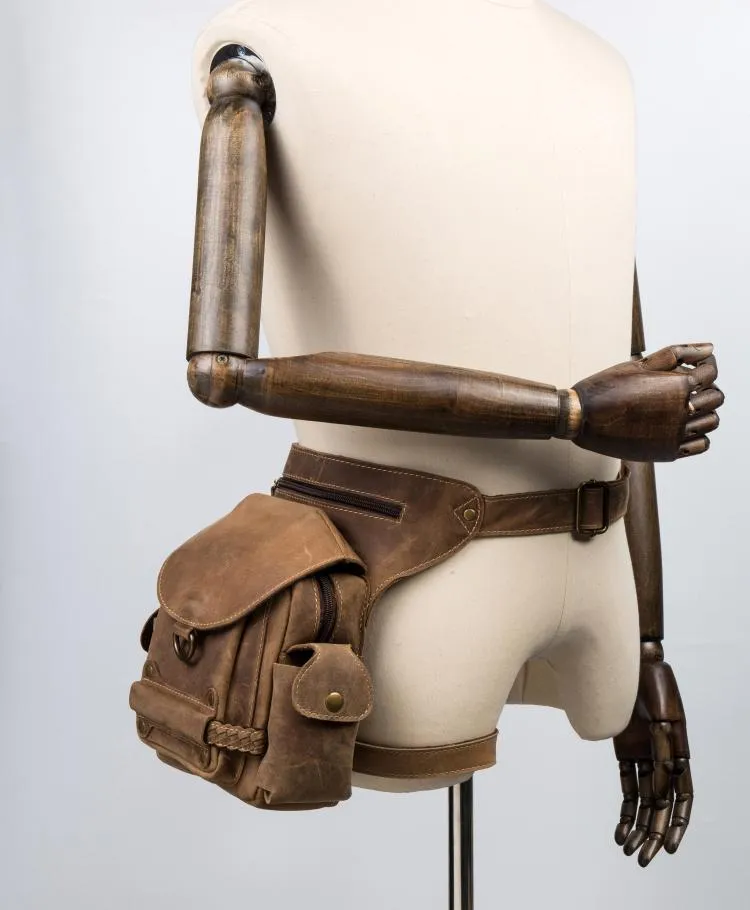 Cool Leather Belt Pouch Mens Waist Bag Camel Drop Leg Tools Bag BUMBAG for Men