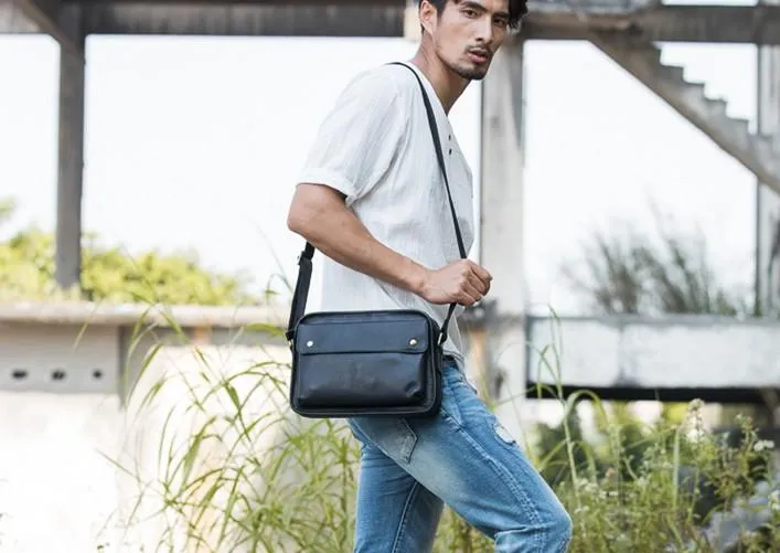 Cool Leather Black Mens Messenger Bag Vintage Shoulder Bag  for Men