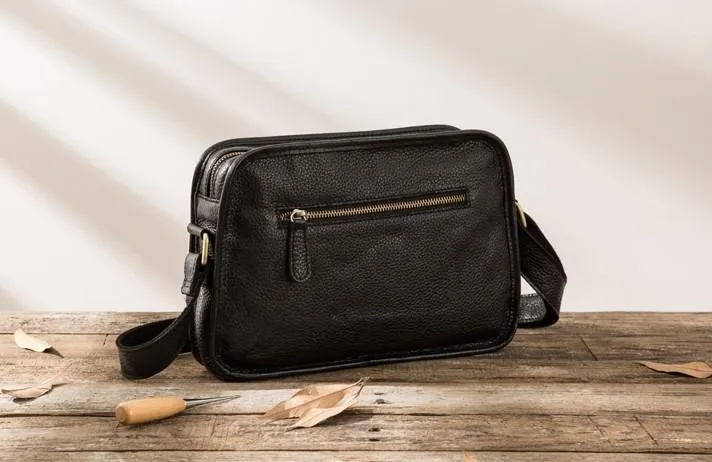 Cool Leather Black Mens Messenger Bag Vintage Shoulder Bag  for Men
