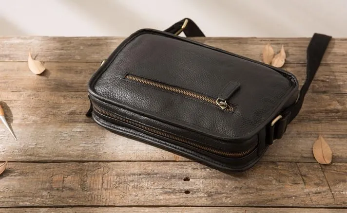 Cool Leather Black Mens Messenger Bag Vintage Shoulder Bag  for Men