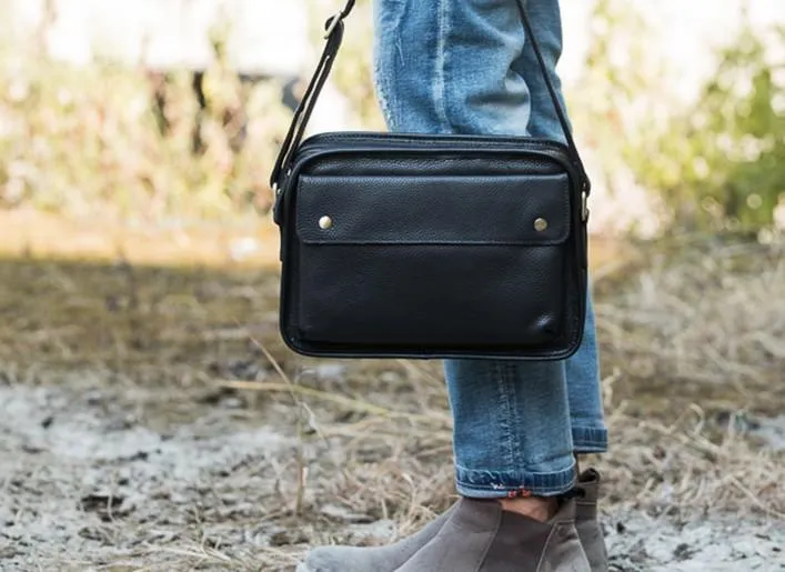 Cool Leather Black Mens Messenger Bag Vintage Shoulder Bag  for Men