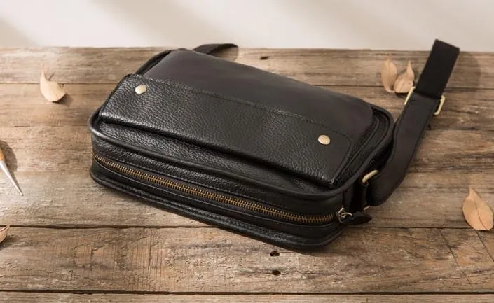 Cool Leather Black Mens Messenger Bag Vintage Shoulder Bag  for Men