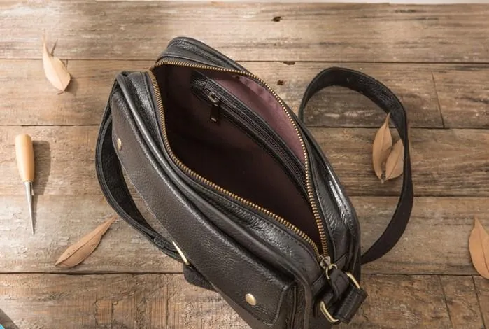 Cool Leather Black Mens Messenger Bag Vintage Shoulder Bag  for Men