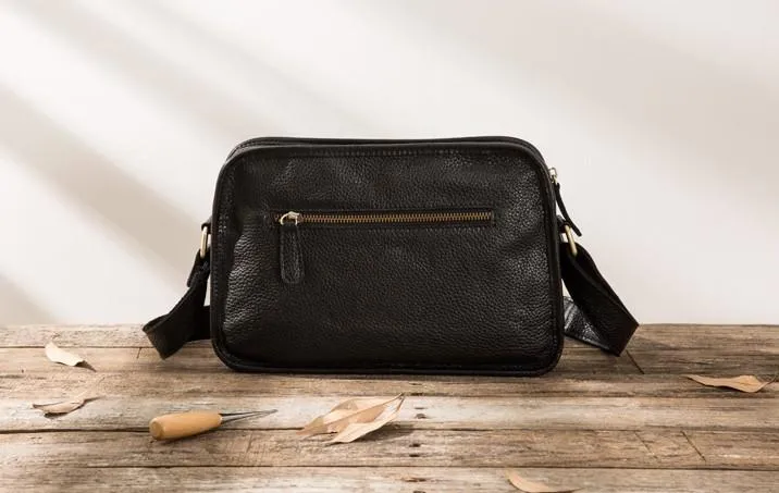Cool Leather Black Mens Messenger Bag Vintage Shoulder Bag  for Men