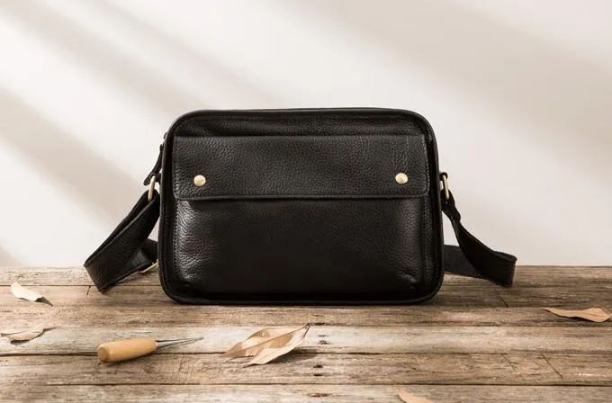 Cool Leather Black Mens Messenger Bag Vintage Shoulder Bag  for Men