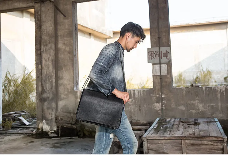 Cool Leather Black Mens Side Bag Messenger Bags Vintage Courier Bag for Men