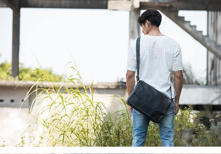 Cool Leather Black Mens Side Bag Messenger Bags Vintage Courier Bag for Men