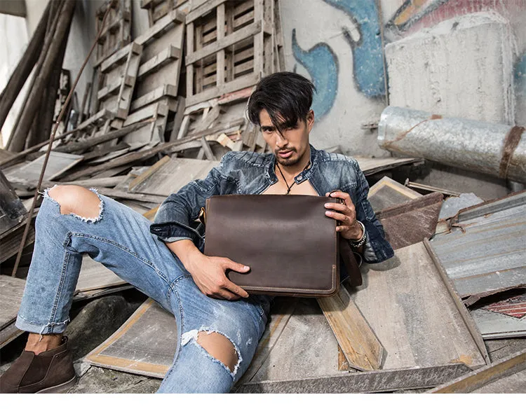 Cool Leather Black Mens Side Bag Messenger Bags Vintage Courier Bag for Men