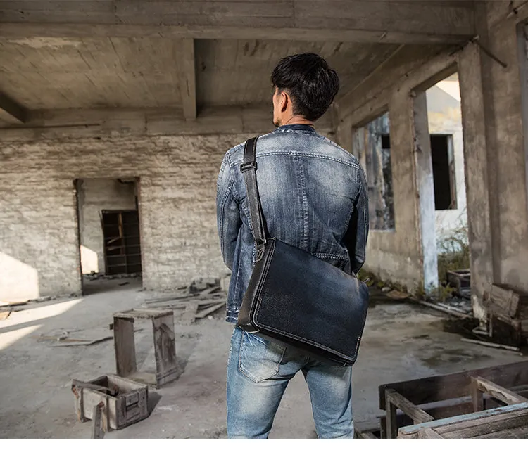 Cool Leather Black Mens Side Bag Messenger Bags Vintage Courier Bag for Men