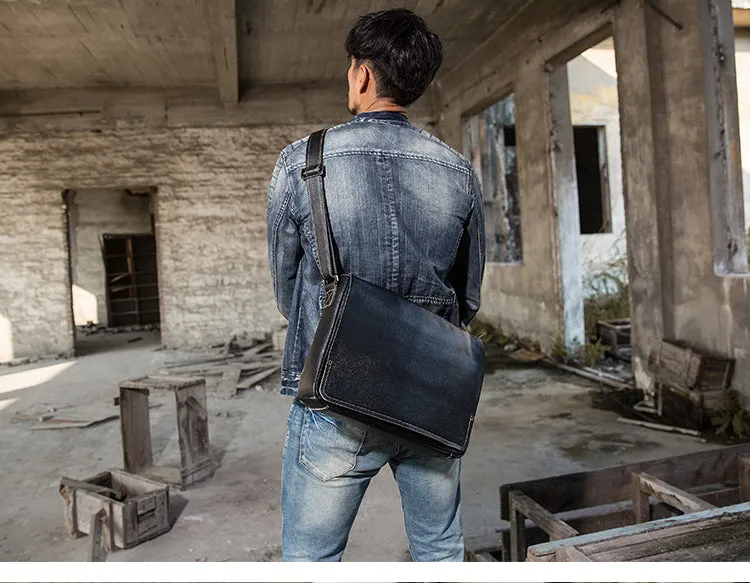 Cool Leather Black Mens Side Bag Messenger Bags Vintage Courier Bag for Men