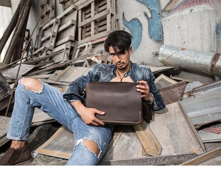 Cool Leather Black Mens Side Bag Messenger Bags Vintage Courier Bag for Men