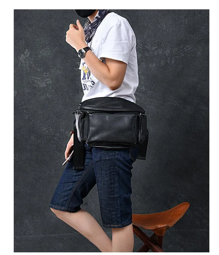 Cool Leather Mens 10" Large Black Fanny Pack Waist Bag Hip Bag for Men