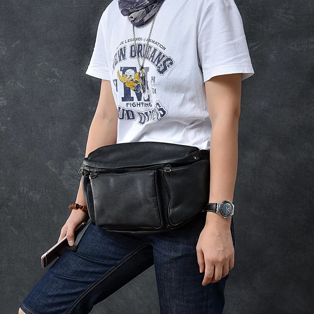 Cool Leather Mens 10" Large Black Fanny Pack Waist Bag Hip Bag for Men