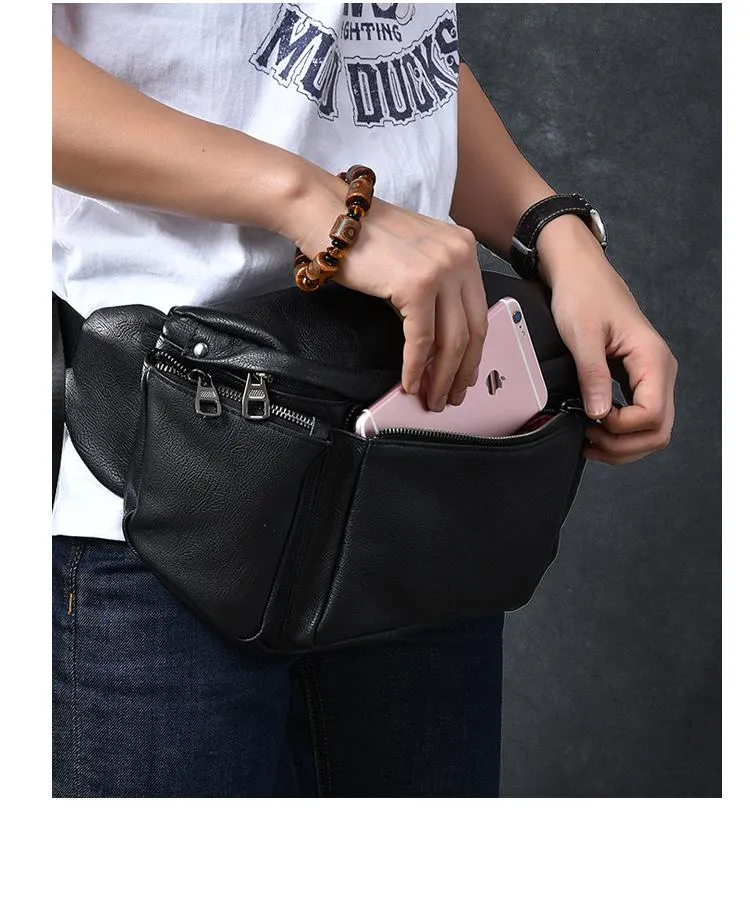 Cool Leather Mens 10" Large Black Fanny Pack Waist Bag Hip Bag for Men