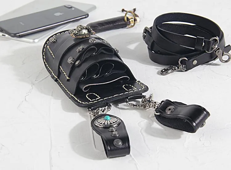 Cool Leather Mens Hairstylist Tool case barber pouch Waist Bag scissors case Black Scissors Bag for Men
