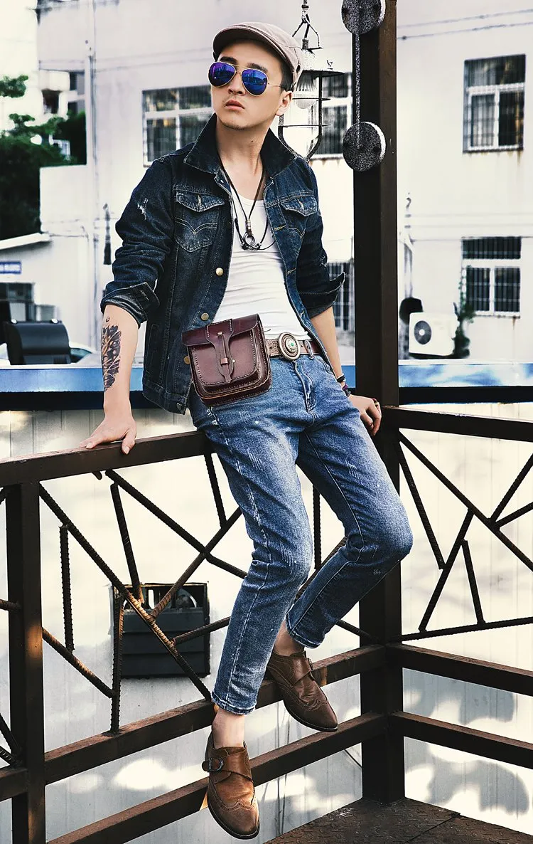 Cool Leather Mens large Biker Belt Pouch Waist Bag Side Bag Shoulder Bag for Men
