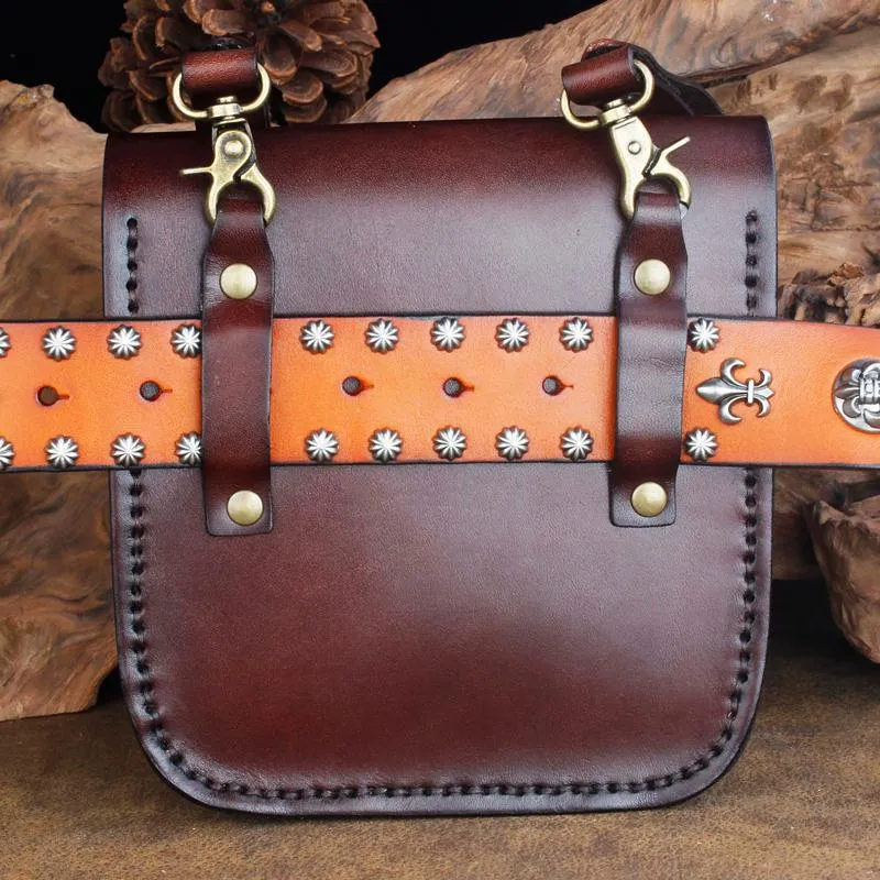 Cool Leather Mens large Biker Belt Pouch Waist Bag Side Bag Shoulder Bag for Men