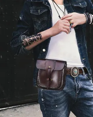 Cool Leather Mens large Biker Belt Pouch Waist Bag Side Bag Shoulder Bag for Men