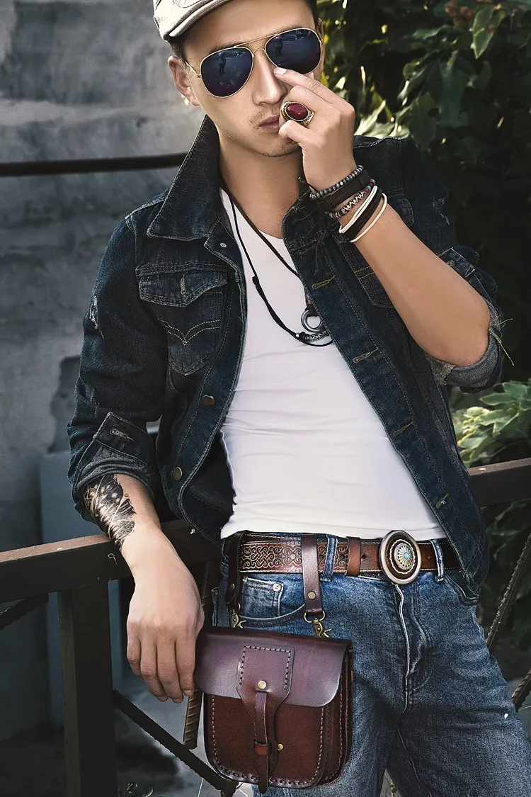 Cool Leather Mens large Biker Belt Pouch Waist Bag Side Bag Shoulder Bag for Men