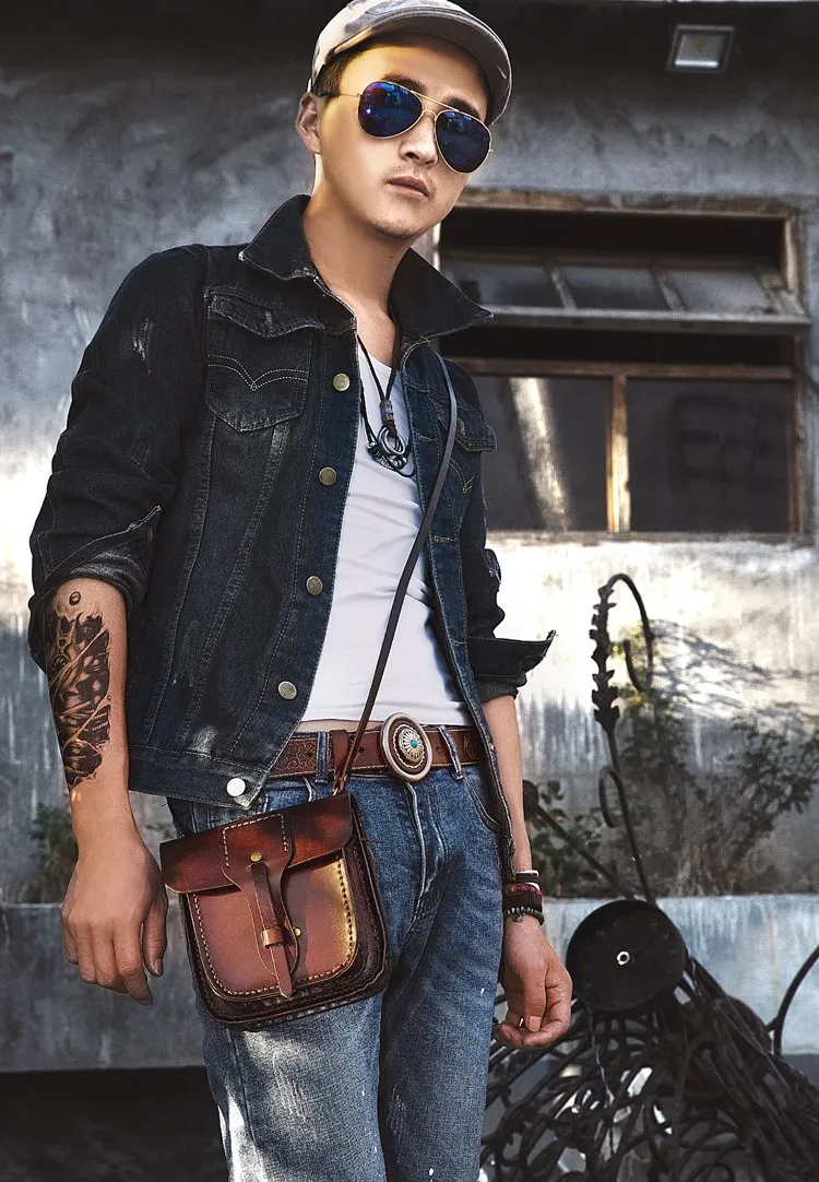 Cool Leather Mens large Biker Belt Pouch Waist Bag Side Bag Shoulder Bag for Men