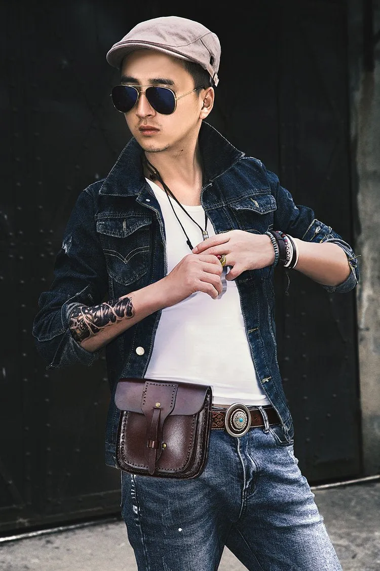 Cool Leather Mens large Biker Belt Pouch Waist Bag Side Bag Shoulder Bag for Men