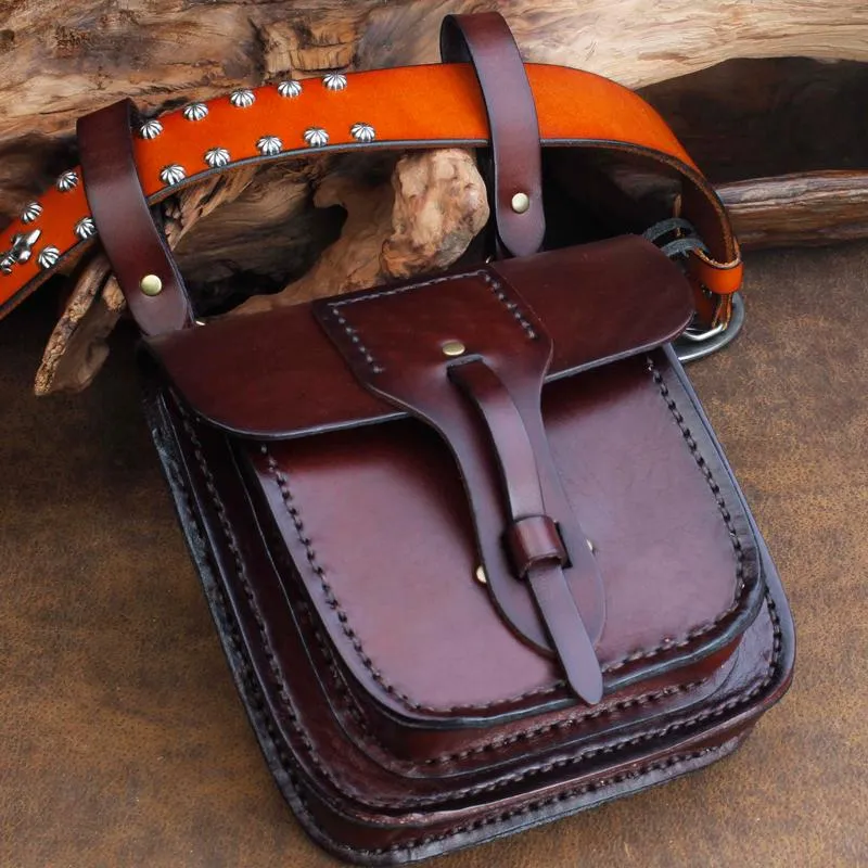 Cool Leather Mens large Biker Belt Pouch Waist Bag Side Bag Shoulder Bag for Men