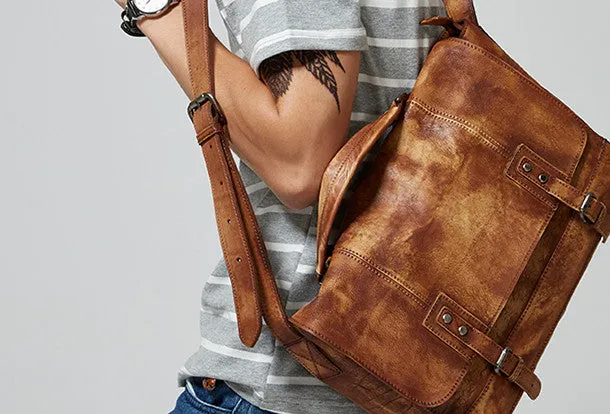 Cool Leather mens messenger bag Vintage shoulder bag laptop bag for Men