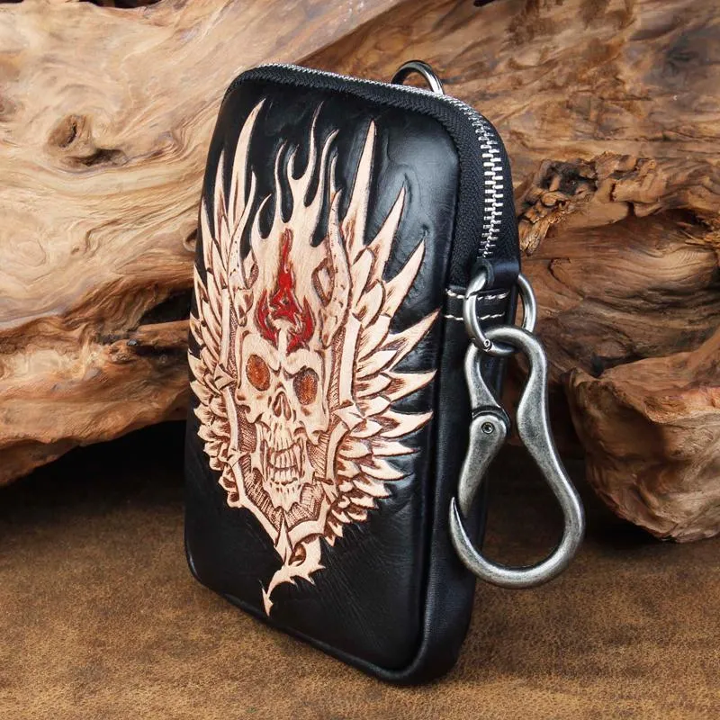 Cool Leather Mens Skull Biker Belt Pouch Waist Bag Side Bag Shoulder Bag for Men