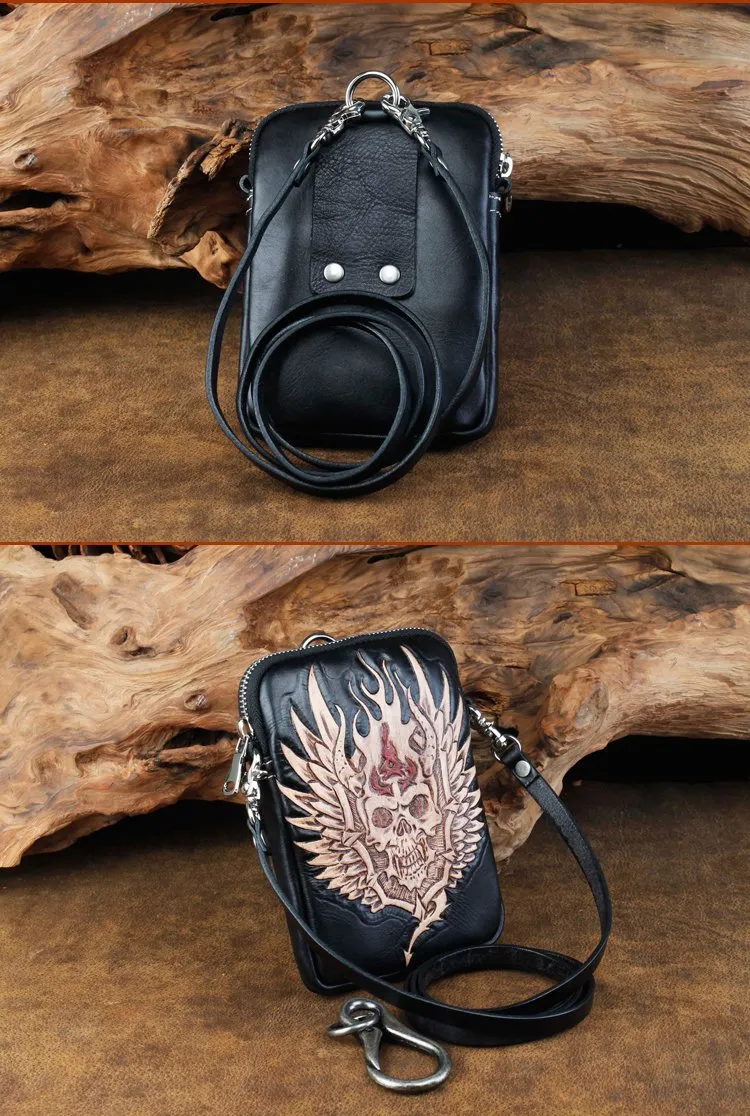 Cool Leather Mens Skull Biker Belt Pouch Waist Bag Side Bag Shoulder Bag for Men